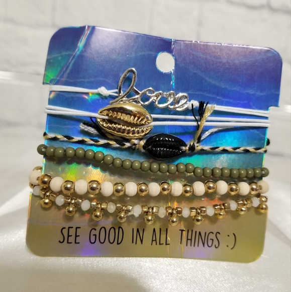 Puka Shell Beaded Bracelet Good Vibes Beach Bracelets Set New - Picture 3 of 9